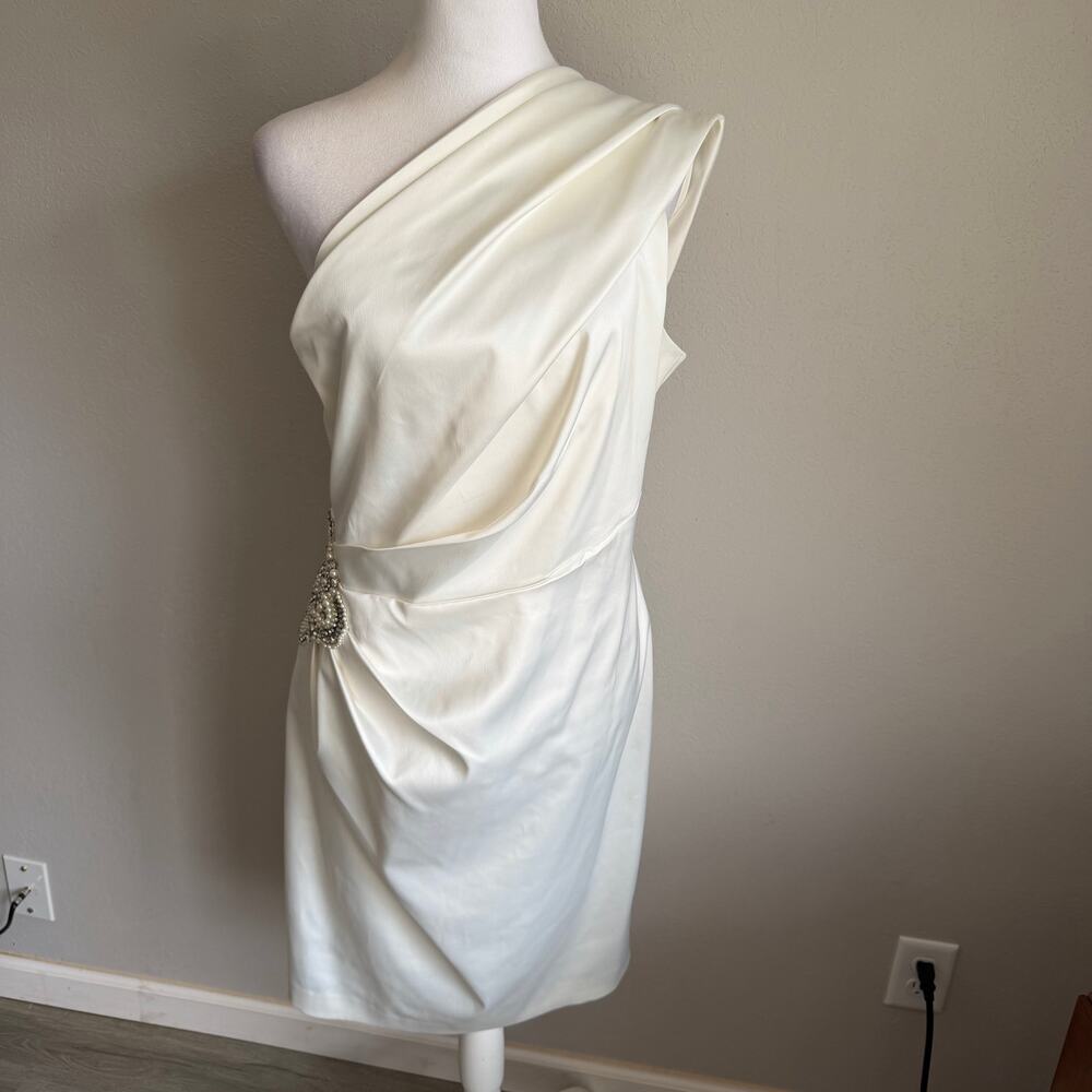 DB Studio Stretch Satin One Shoulder Dress Pearl Side Bridal Dress Womens 12